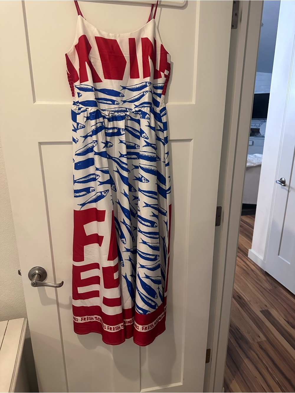 Smocked Maxi Sundress in Red, White & Blue Fish Print